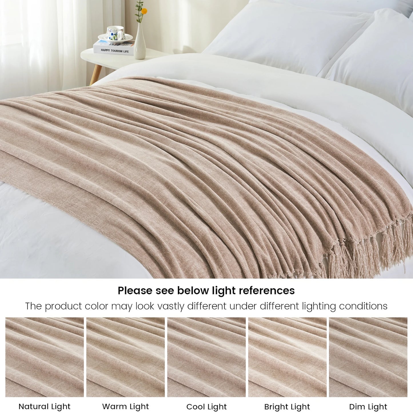 Cozy Up Your Home with Our Luxurious Boho Farmhouse Chenille Throw Blanket in Soft Taupe – Perfect for Sofa, Bed, or Chair!