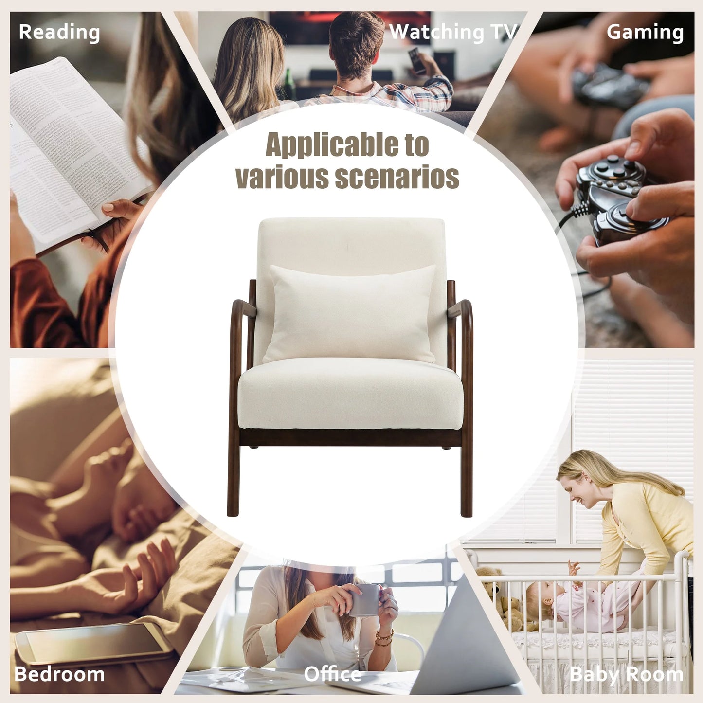 Mid-Century Modern Accent Chair – Beige Velvet Upholstered Armchair with Wooden Frame & Pillow, Comfortable Lounge Chair for Living Room, Bedroom & Sunroom