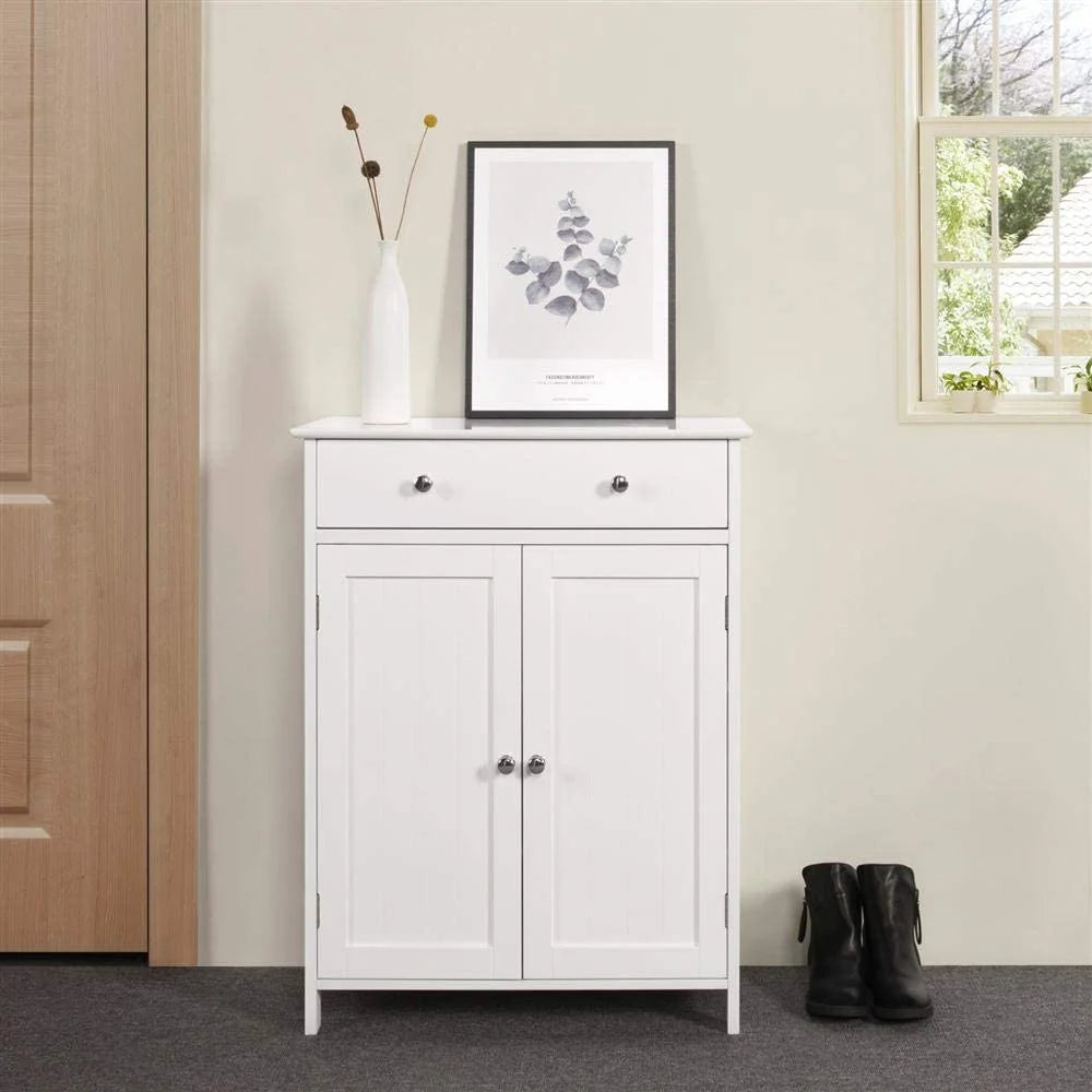 Stylish White Bathroom Floor Cabinet - Freestanding Storage Cupboard with Drawer and Double Doors
