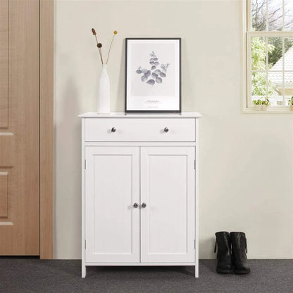 Stylish White Bathroom Floor Cabinet - Freestanding Storage Cupboard with Drawer and Double Doors