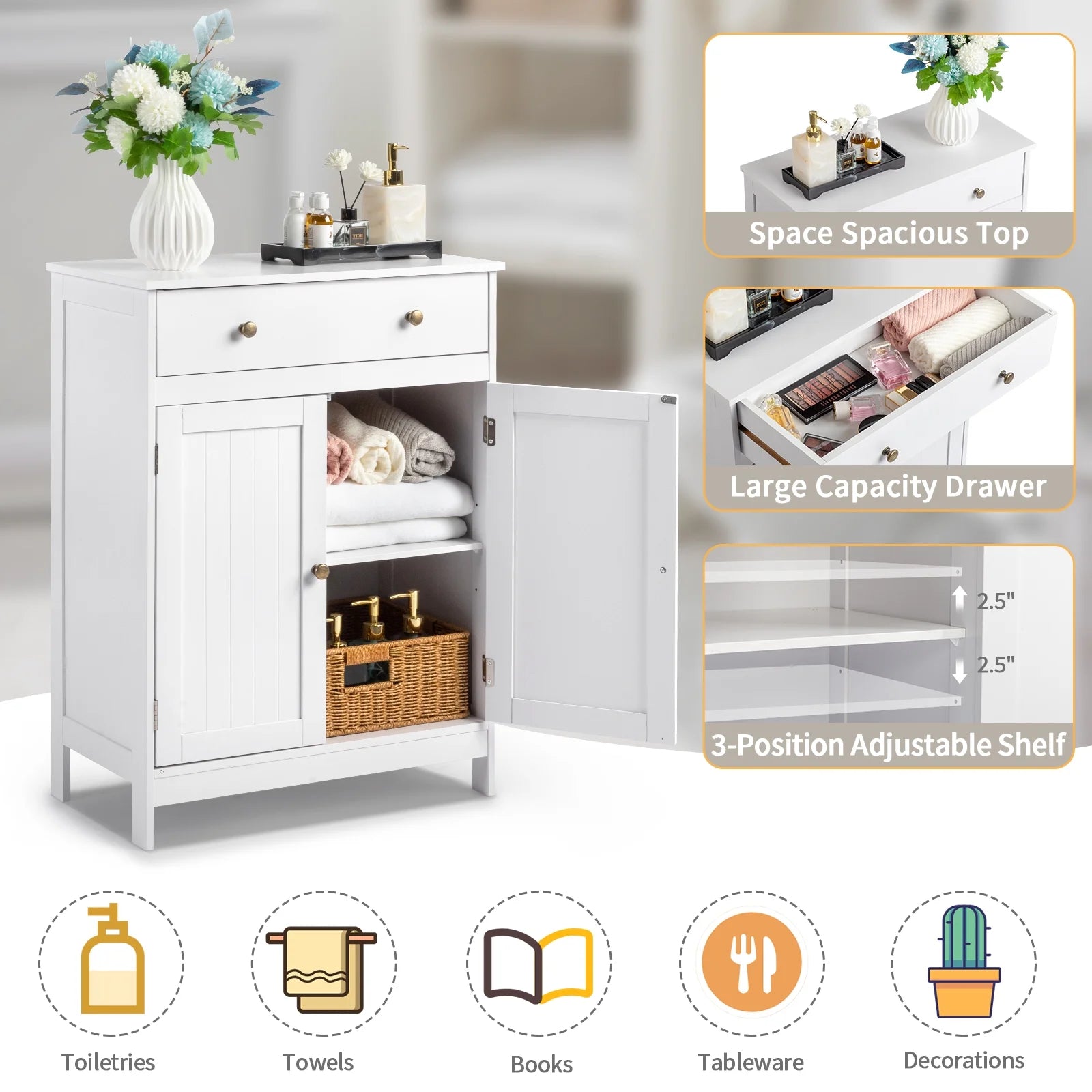 Stylish White Bathroom Floor Cabinet - Freestanding Storage Cupboard with Drawer and Double Doors