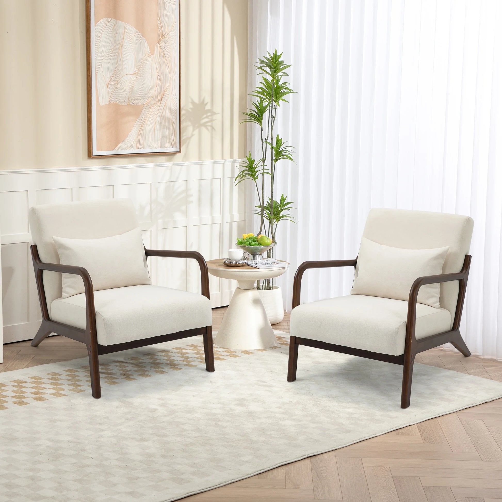 Mid-Century Modern Accent Chair – Beige Velvet Upholstered Armchair with Wooden Frame & Pillow, Comfortable Lounge Chair for Living Room, Bedroom & Sunroom