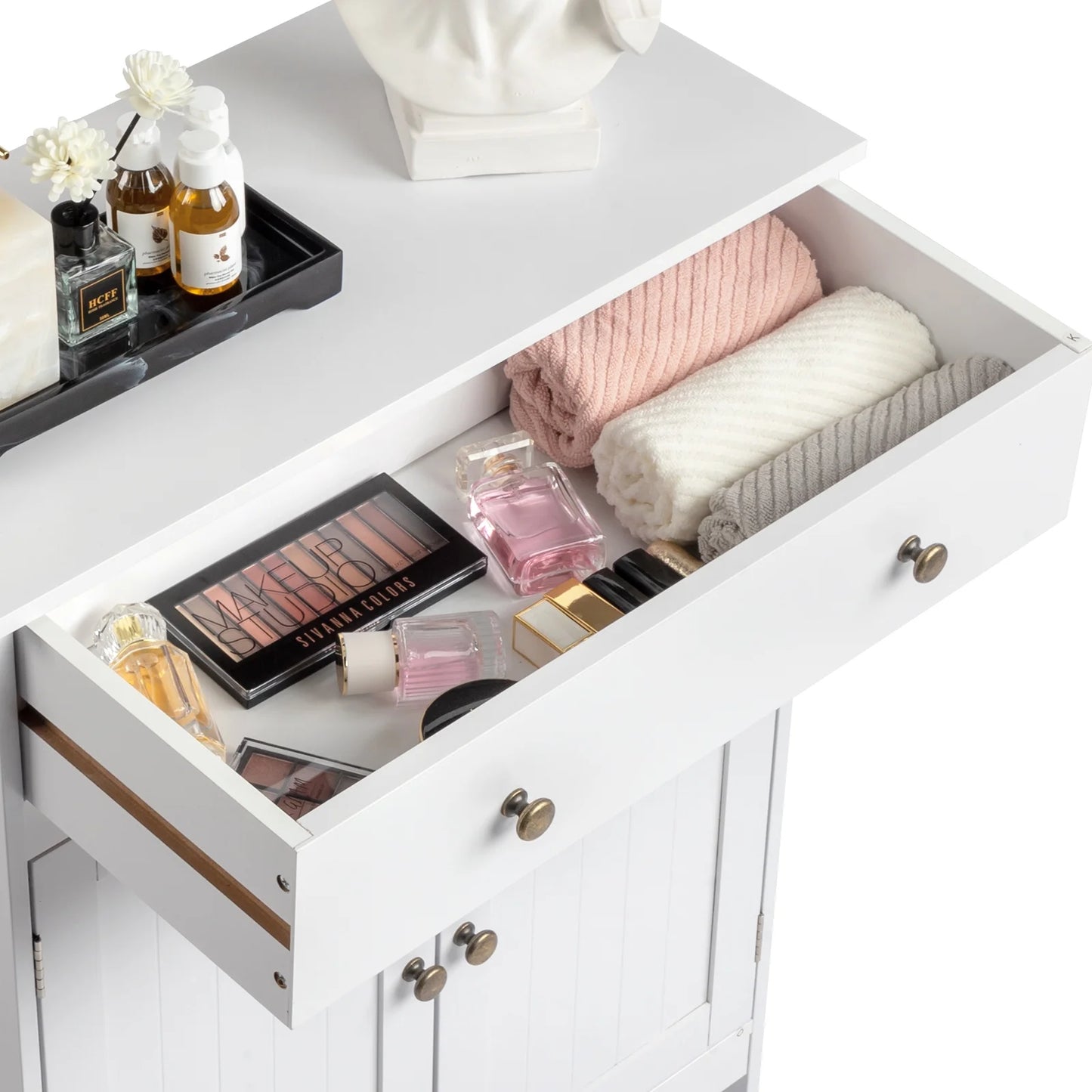 Stylish White Bathroom Floor Cabinet - Freestanding Storage Cupboard with Drawer and Double Doors