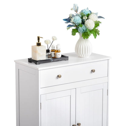 Stylish White Bathroom Floor Cabinet - Freestanding Storage Cupboard with Drawer and Double Doors