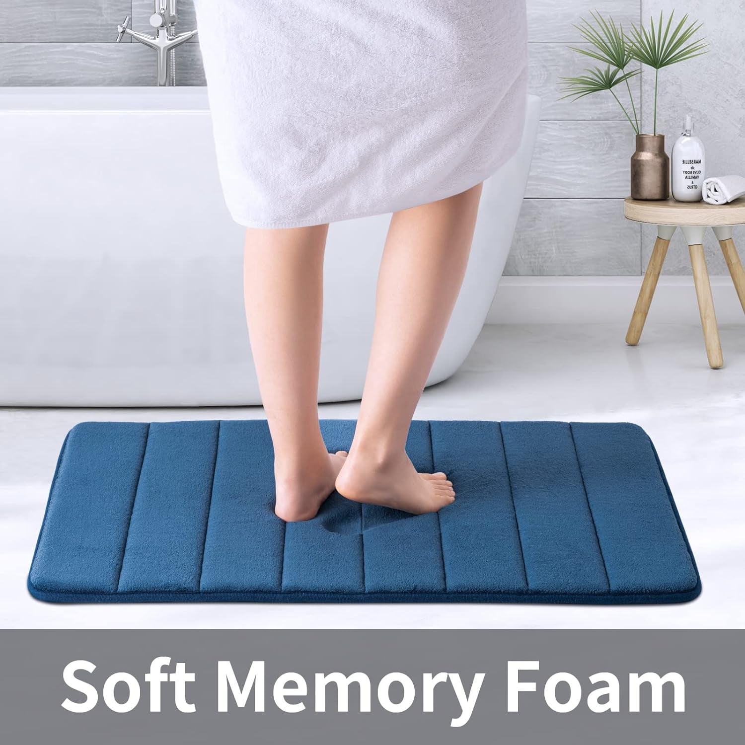 Memory Foam Bath Mat 20” x 32” – Ultra Soft, Water Absorbent, Non-Slip Bathroom Rug with PVC Backing – Navy