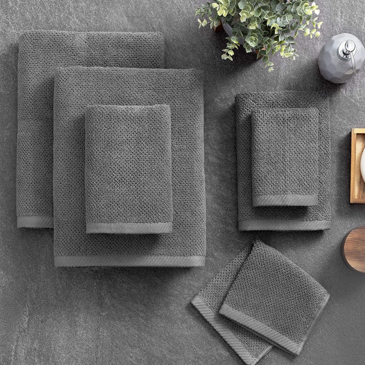 100% Cotton Popcorn Textured Towel Set - 6 Piece 600 GSM, Soft & Plush, 2 Bath Towels, 2 Hand Towels, 2 Washcloths, Dark Gray