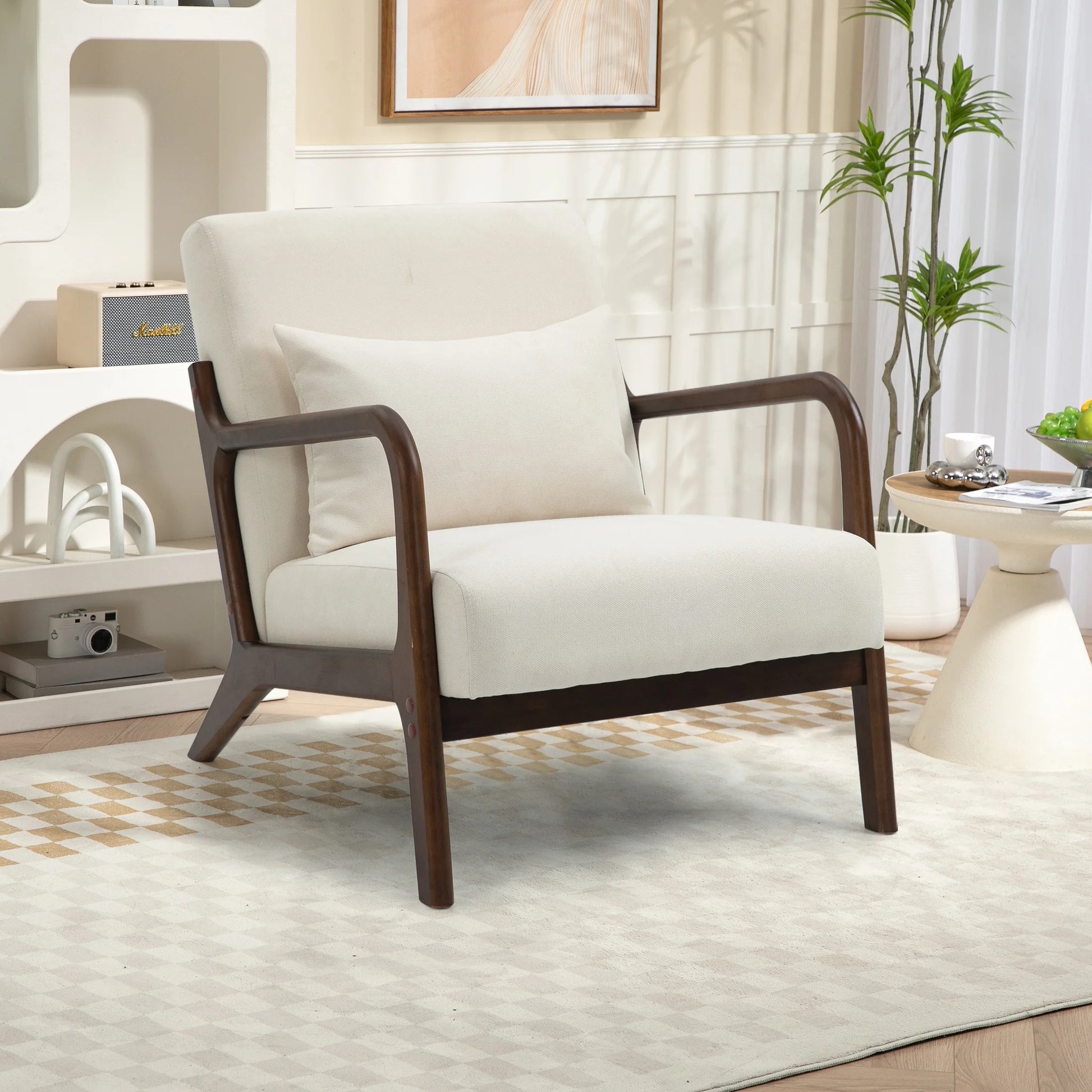 Mid-Century Modern Accent Chair – Beige Velvet Upholstered Armchair with Wooden Frame & Pillow, Comfortable Lounge Chair for Living Room, Bedroom & Sunroom