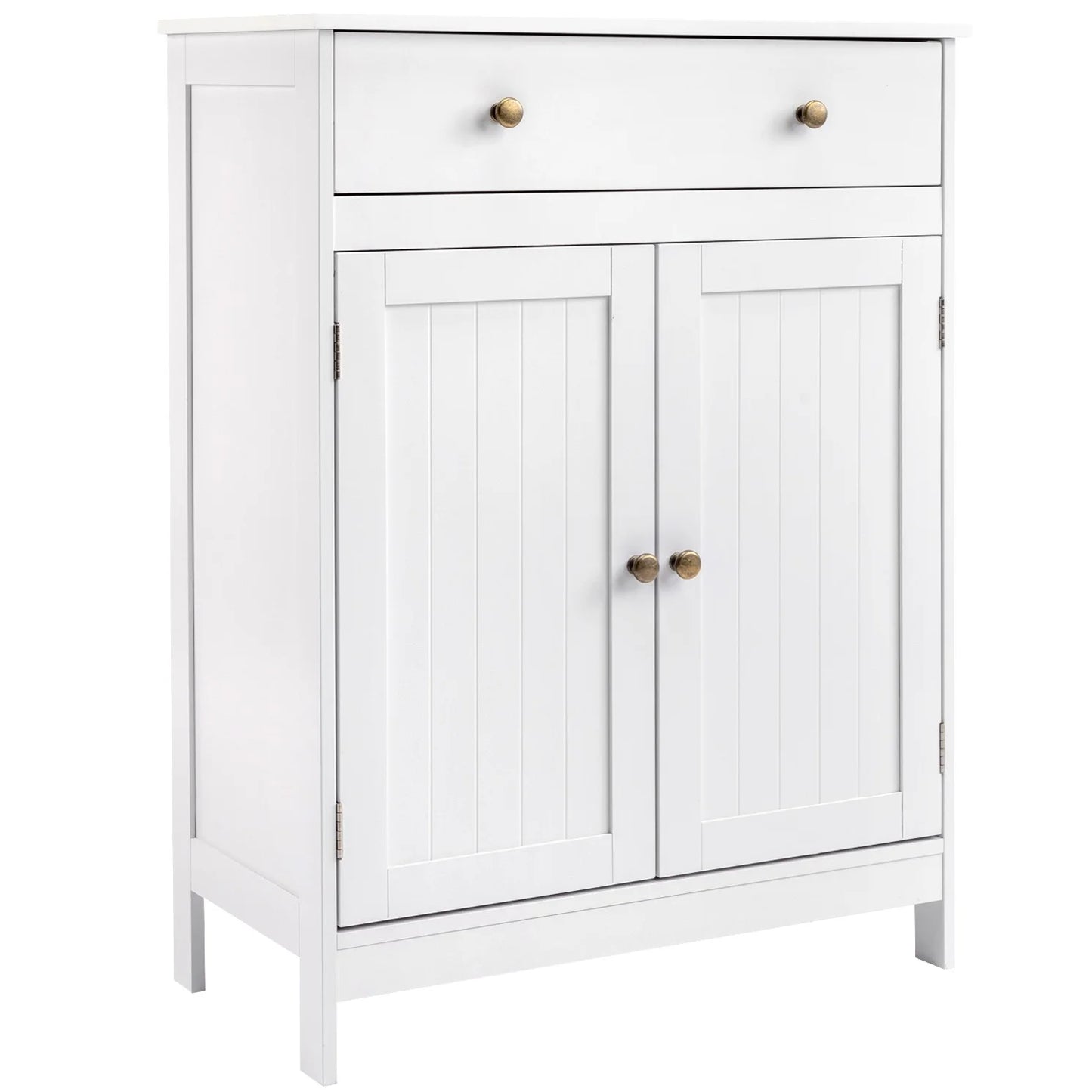 Stylish White Bathroom Floor Cabinet - Freestanding Storage Cupboard with Drawer and Double Doors
