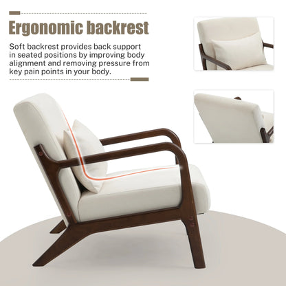 Mid-Century Modern Accent Chair – Beige Velvet Upholstered Armchair with Wooden Frame & Pillow, Comfortable Lounge Chair for Living Room, Bedroom & Sunroom