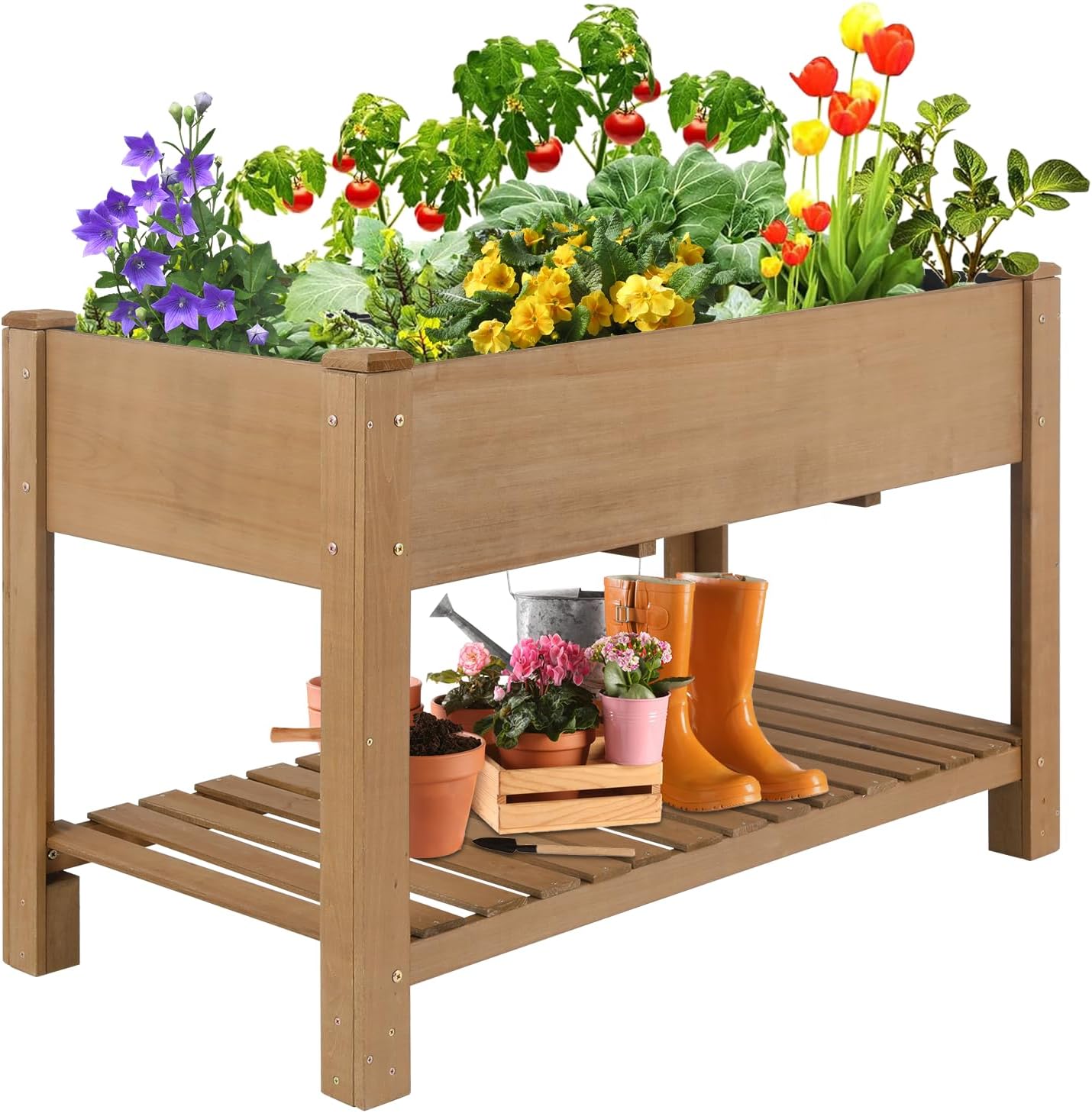Wooden Raised Garden Bed with Legs – 46.65” Elevated Planter Box with Shelf & Protective Liner for Vegetables, Herbs & Flowers – Perfect for Patio, Backyard & Balcony Gardening