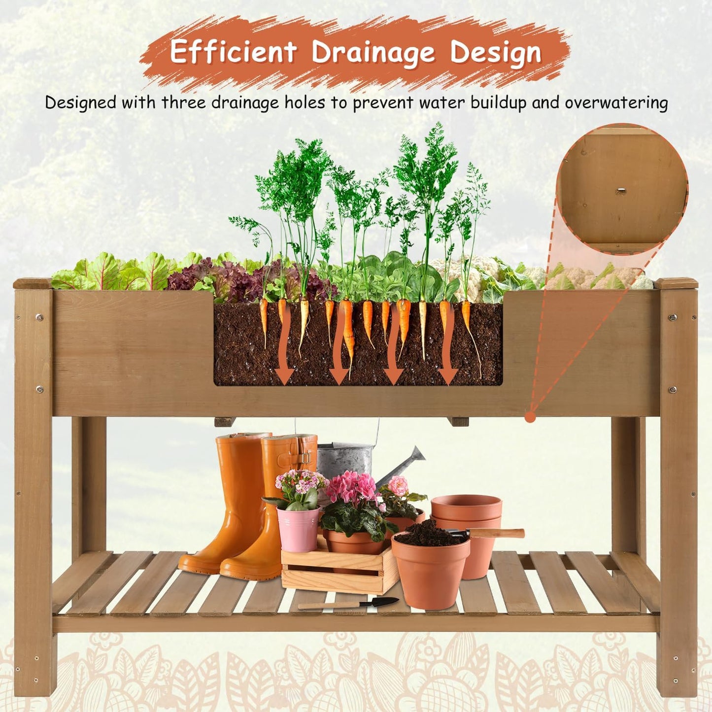 Wooden Raised Garden Bed with Legs – 46.65” Elevated Planter Box with Shelf & Protective Liner for Vegetables, Herbs & Flowers – Perfect for Patio, Backyard & Balcony Gardening