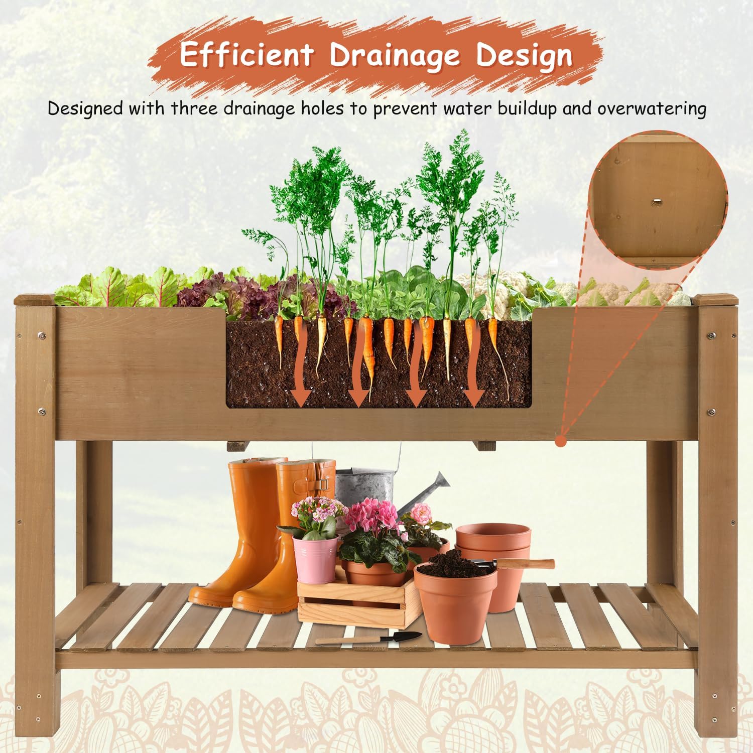 Wooden Raised Garden Bed with Legs – 46.65” Elevated Planter Box with Shelf & Protective Liner for Vegetables, Herbs & Flowers – Perfect for Patio, Backyard & Balcony Gardening