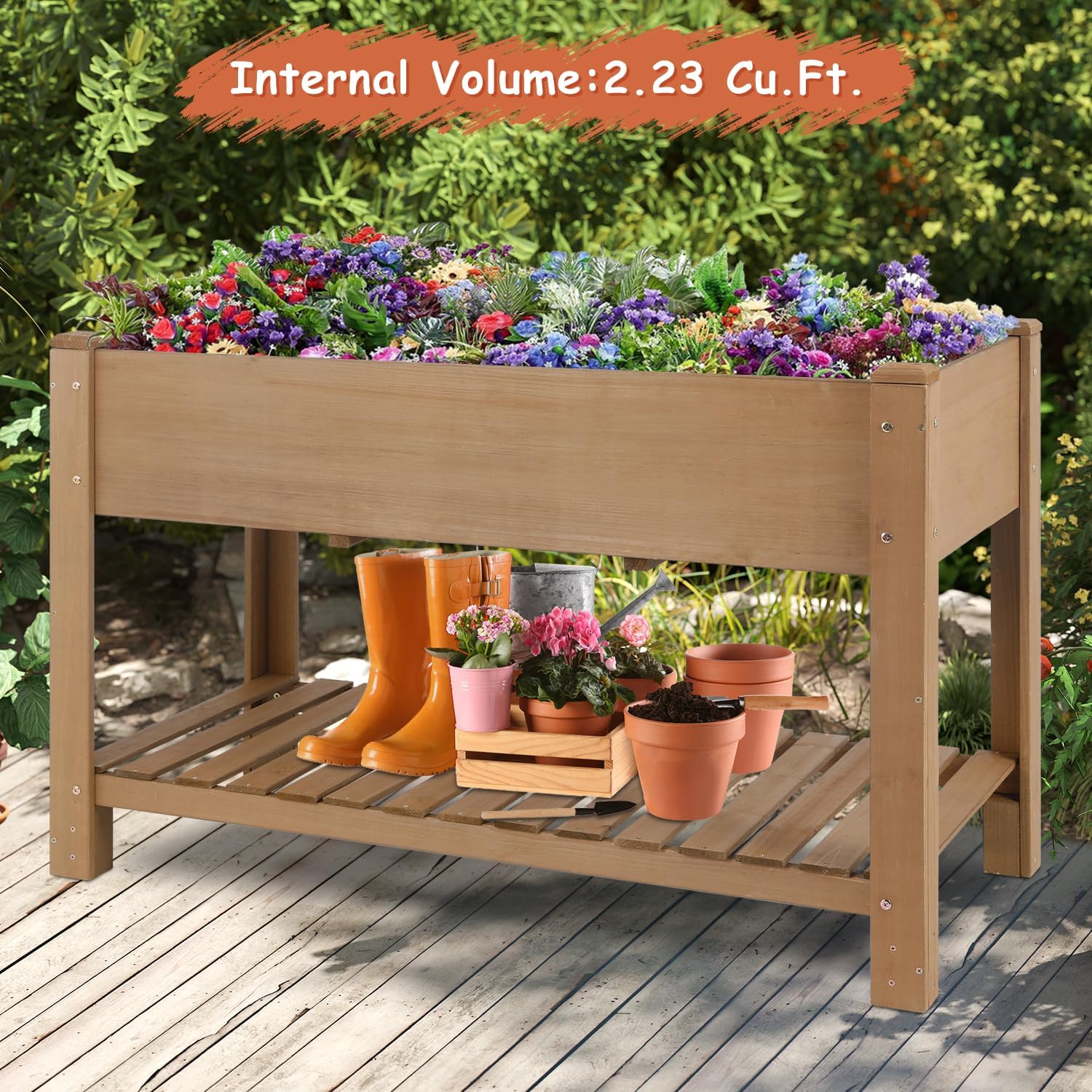 Wooden Raised Garden Bed with Legs – 46.65” Elevated Planter Box with Shelf & Protective Liner for Vegetables, Herbs & Flowers – Perfect for Patio, Backyard & Balcony Gardening