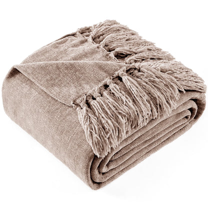Cozy Up Your Home with Our Luxurious Boho Farmhouse Chenille Throw Blanket in Soft Taupe – Perfect for Sofa, Bed, or Chair!