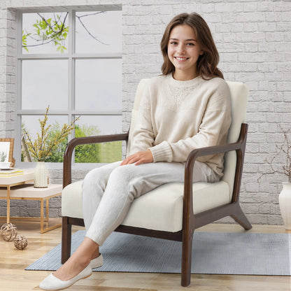 Mid-Century Modern Accent Chair – Beige Velvet Upholstered Armchair with Wooden Frame & Pillow, Comfortable Lounge Chair for Living Room, Bedroom & Sunroom