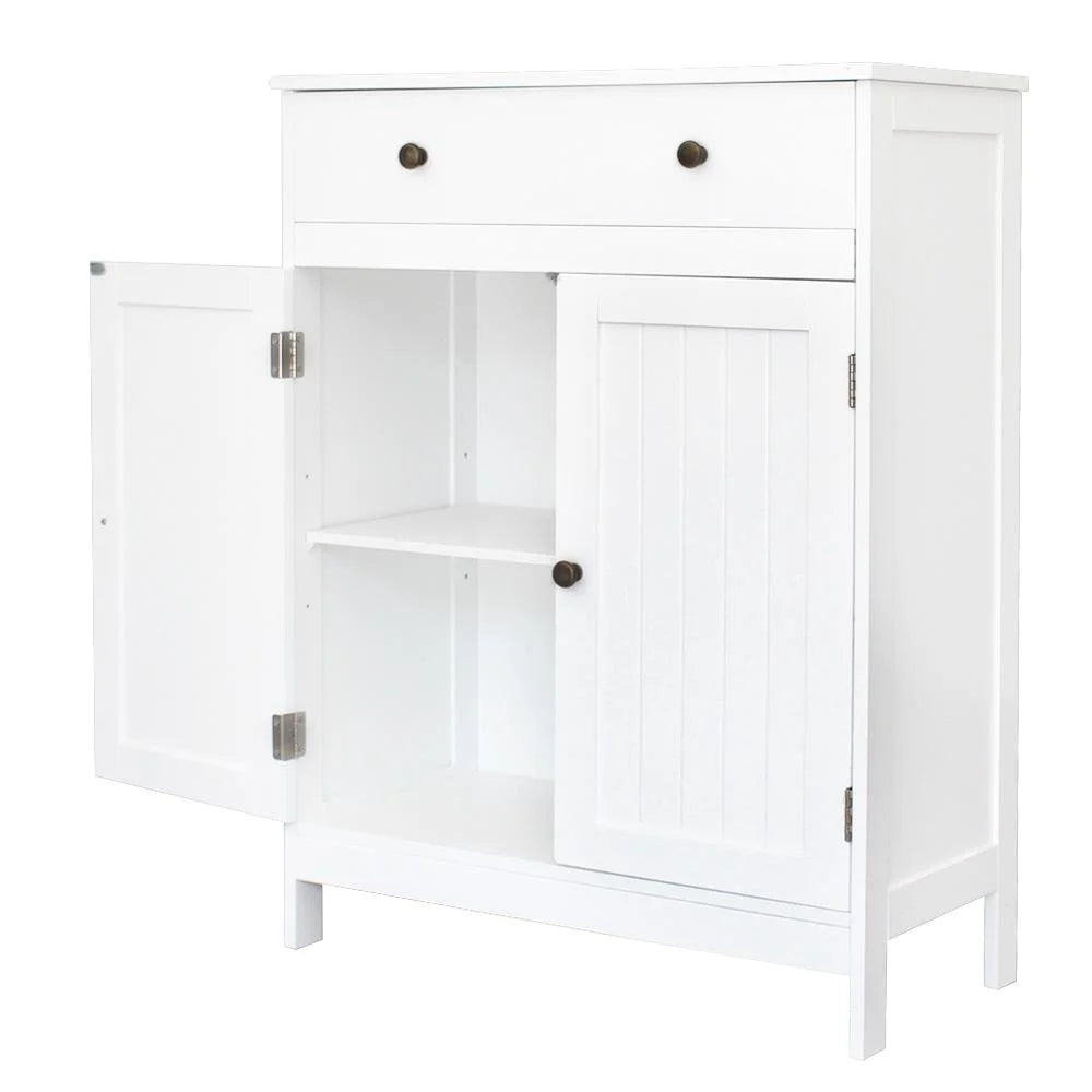 Stylish White Bathroom Floor Cabinet - Freestanding Storage Cupboard with Drawer and Double Doors