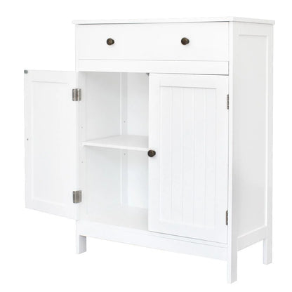 Stylish White Bathroom Floor Cabinet - Freestanding Storage Cupboard with Drawer and Double Doors