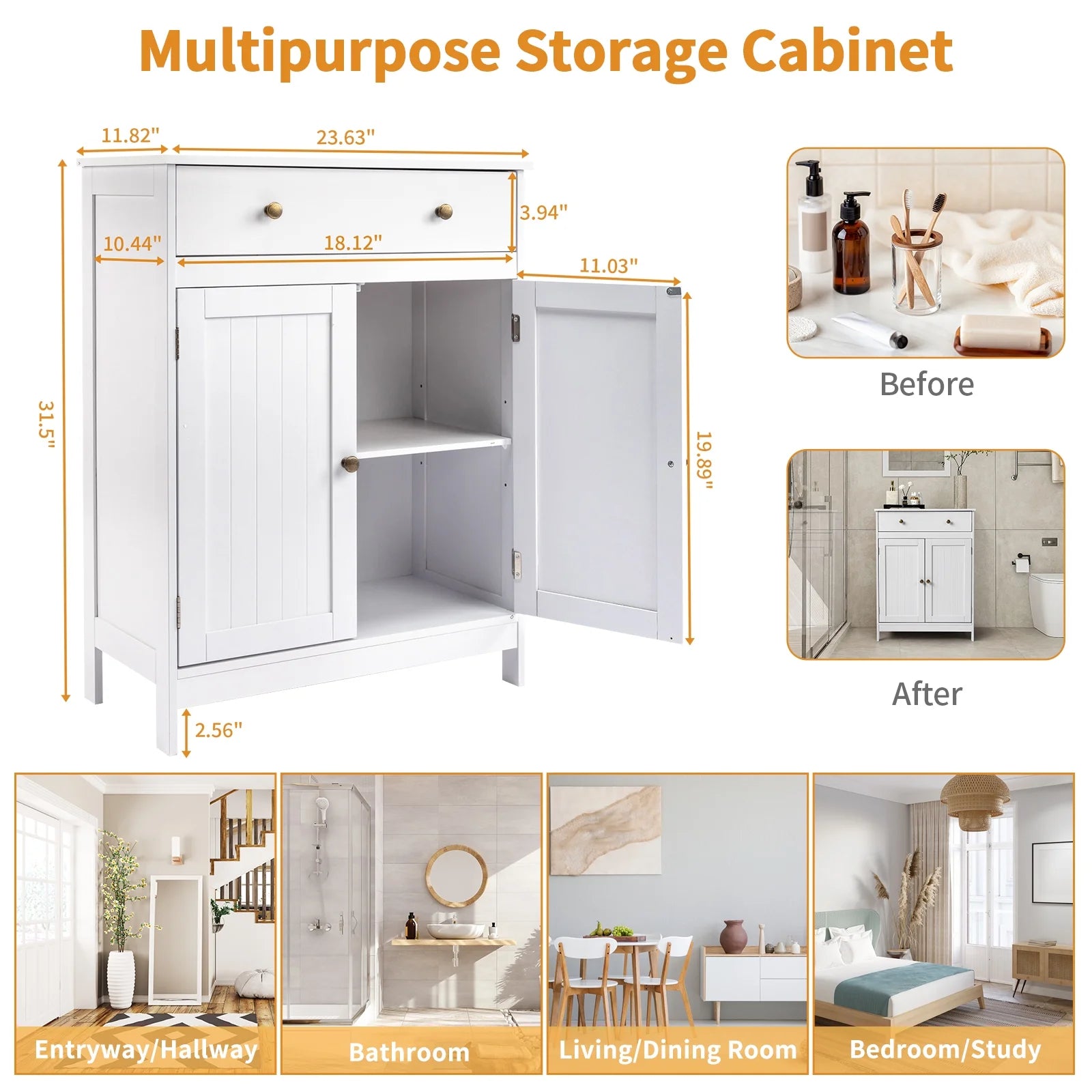 Stylish White Bathroom Floor Cabinet - Freestanding Storage Cupboard with Drawer and Double Doors