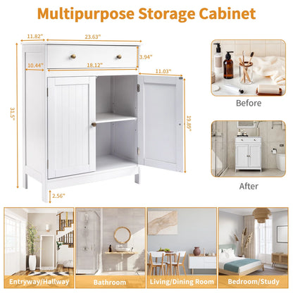Stylish White Bathroom Floor Cabinet - Freestanding Storage Cupboard with Drawer and Double Doors