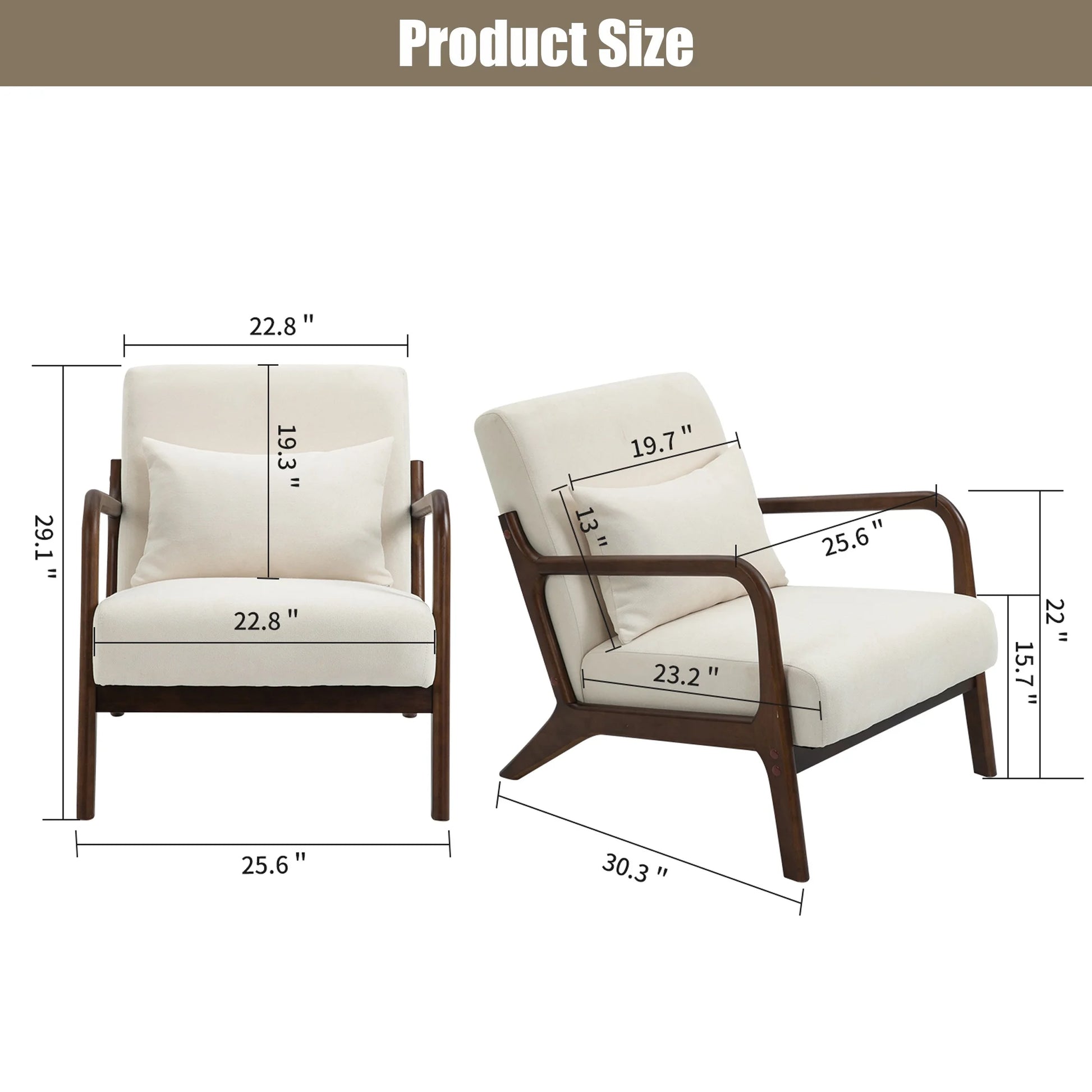 Mid-Century Modern Accent Chair – Beige Velvet Upholstered Armchair with Wooden Frame & Pillow, Comfortable Lounge Chair for Living Room, Bedroom & Sunroom