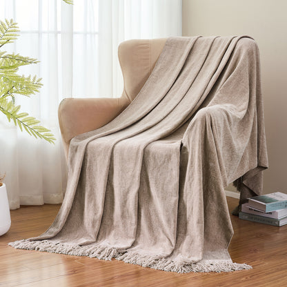 Cozy Up Your Home with Our Luxurious Boho Farmhouse Chenille Throw Blanket in Soft Taupe – Perfect for Sofa, Bed, or Chair!