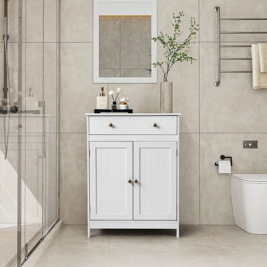 Stylish White Bathroom Floor Cabinet - Freestanding Storage Cupboard with Drawer and Double Doors