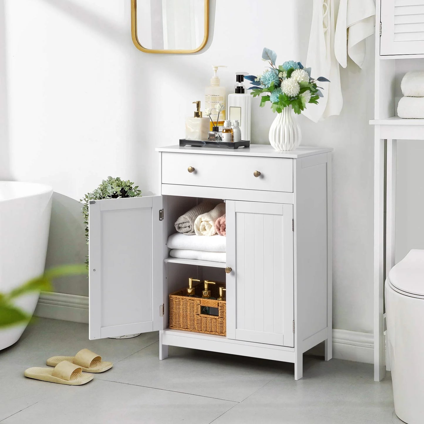 Stylish White Bathroom Floor Cabinet - Freestanding Storage Cupboard with Drawer and Double Doors