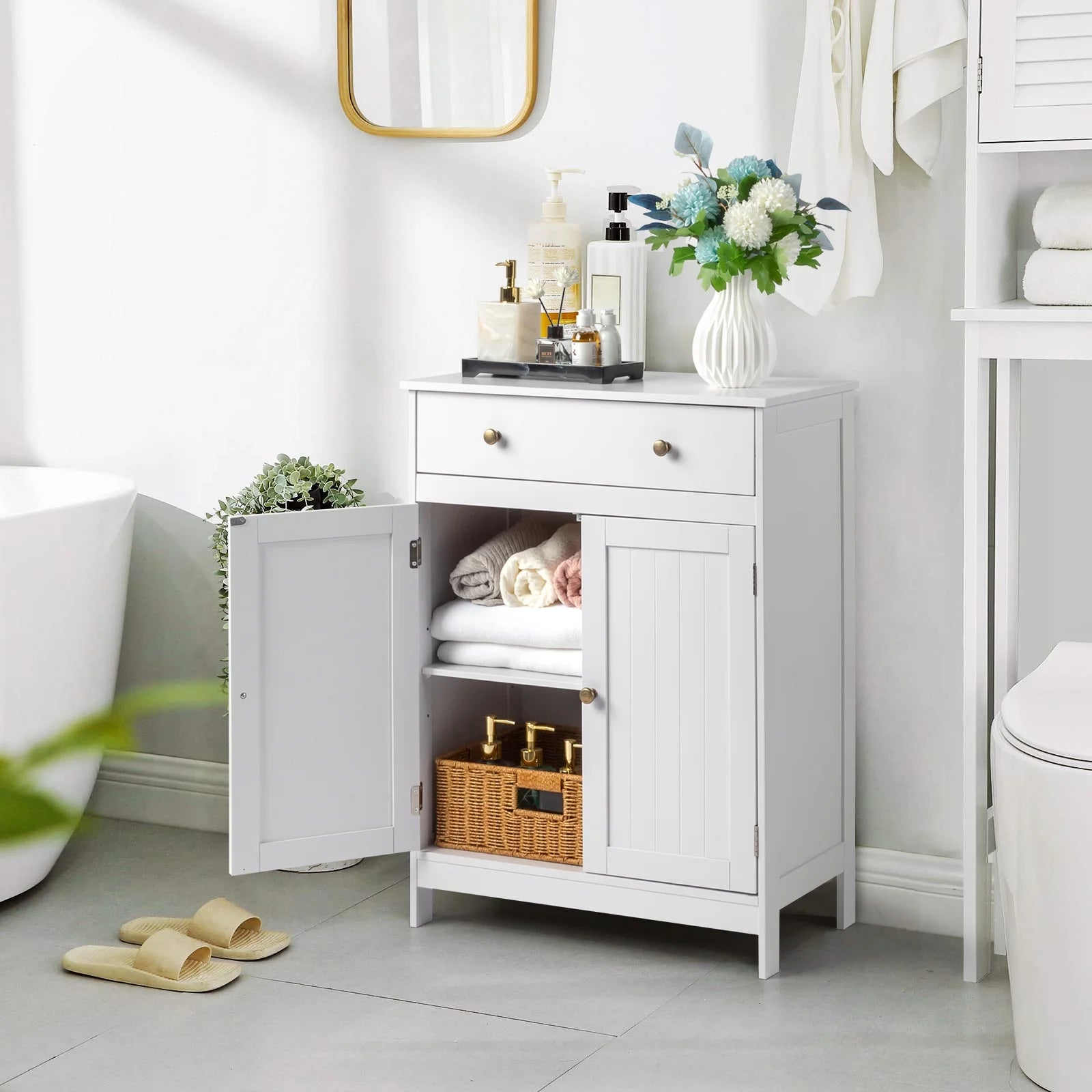 Stylish White Bathroom Floor Cabinet - Freestanding Storage Cupboard with Drawer and Double Doors