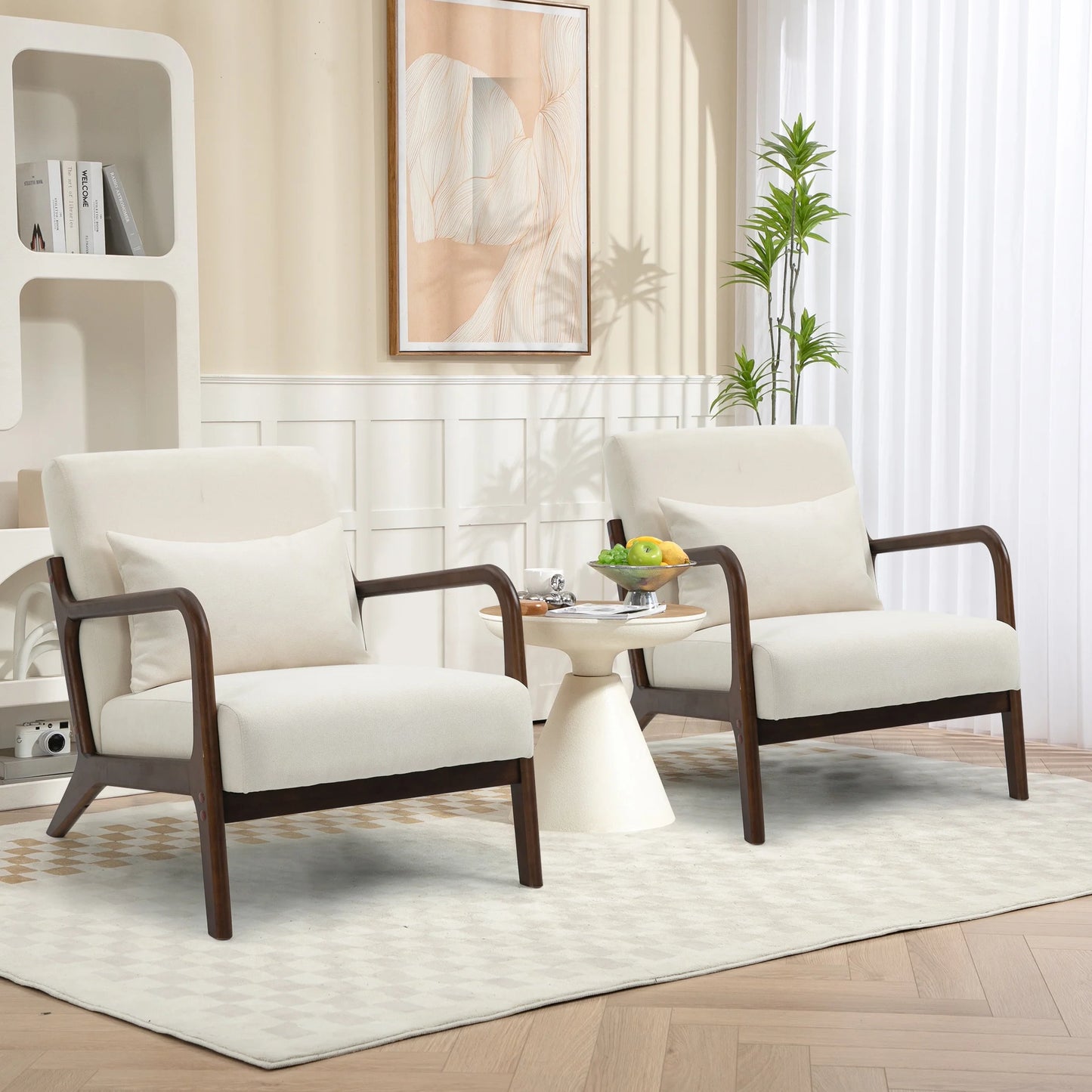 Mid-Century Modern Accent Chair – Beige Velvet Upholstered Armchair with Wooden Frame & Pillow, Comfortable Lounge Chair for Living Room, Bedroom & Sunroom