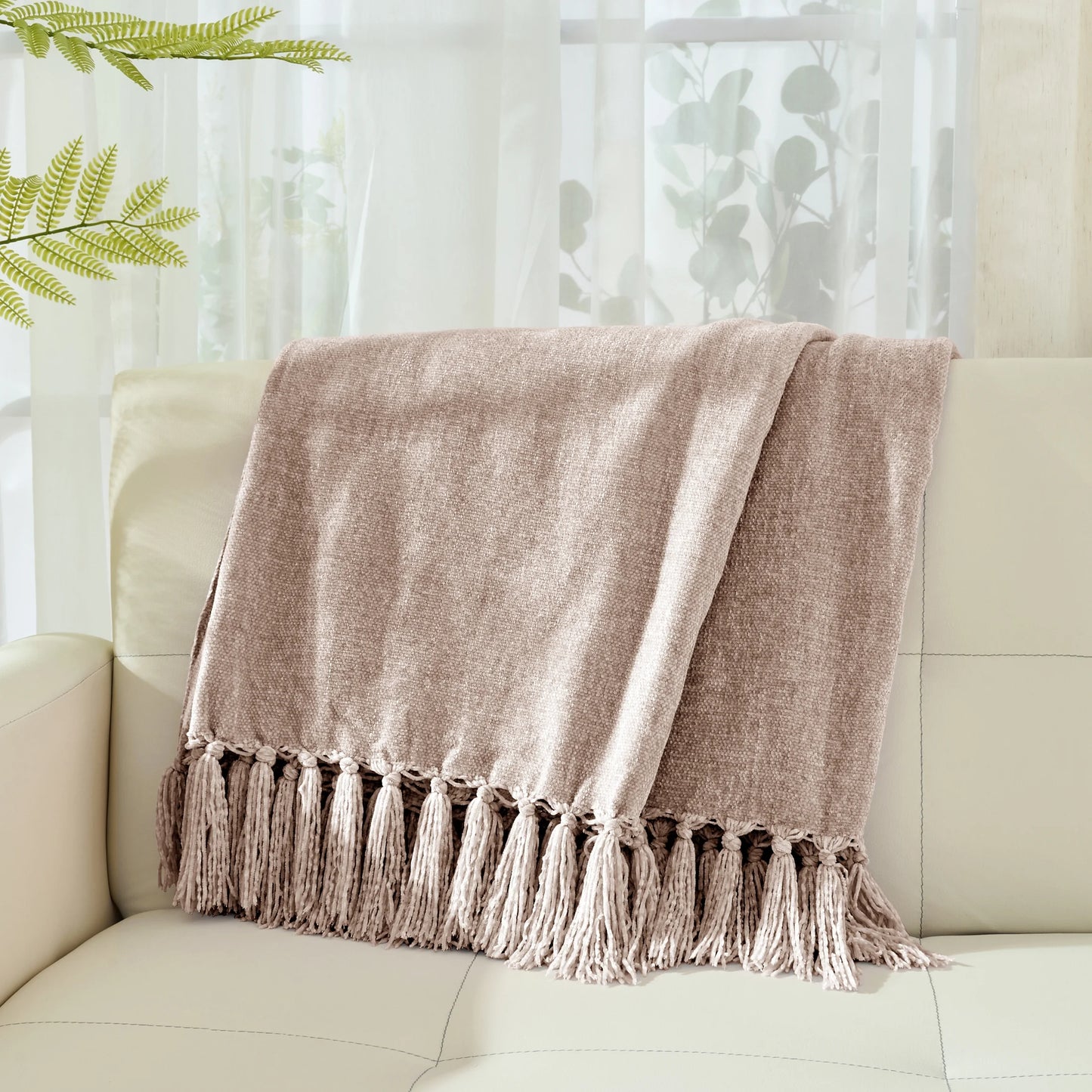 Cozy Up Your Home with Our Luxurious Boho Farmhouse Chenille Throw Blanket in Soft Taupe – Perfect for Sofa, Bed, or Chair!