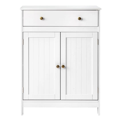 Stylish White Bathroom Floor Cabinet - Freestanding Storage Cupboard with Drawer and Double Doors