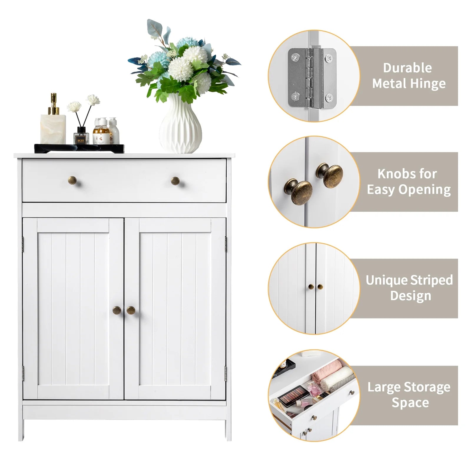 Stylish White Bathroom Floor Cabinet - Freestanding Storage Cupboard with Drawer and Double Doors