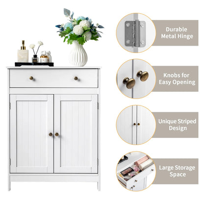 Stylish White Bathroom Floor Cabinet - Freestanding Storage Cupboard with Drawer and Double Doors