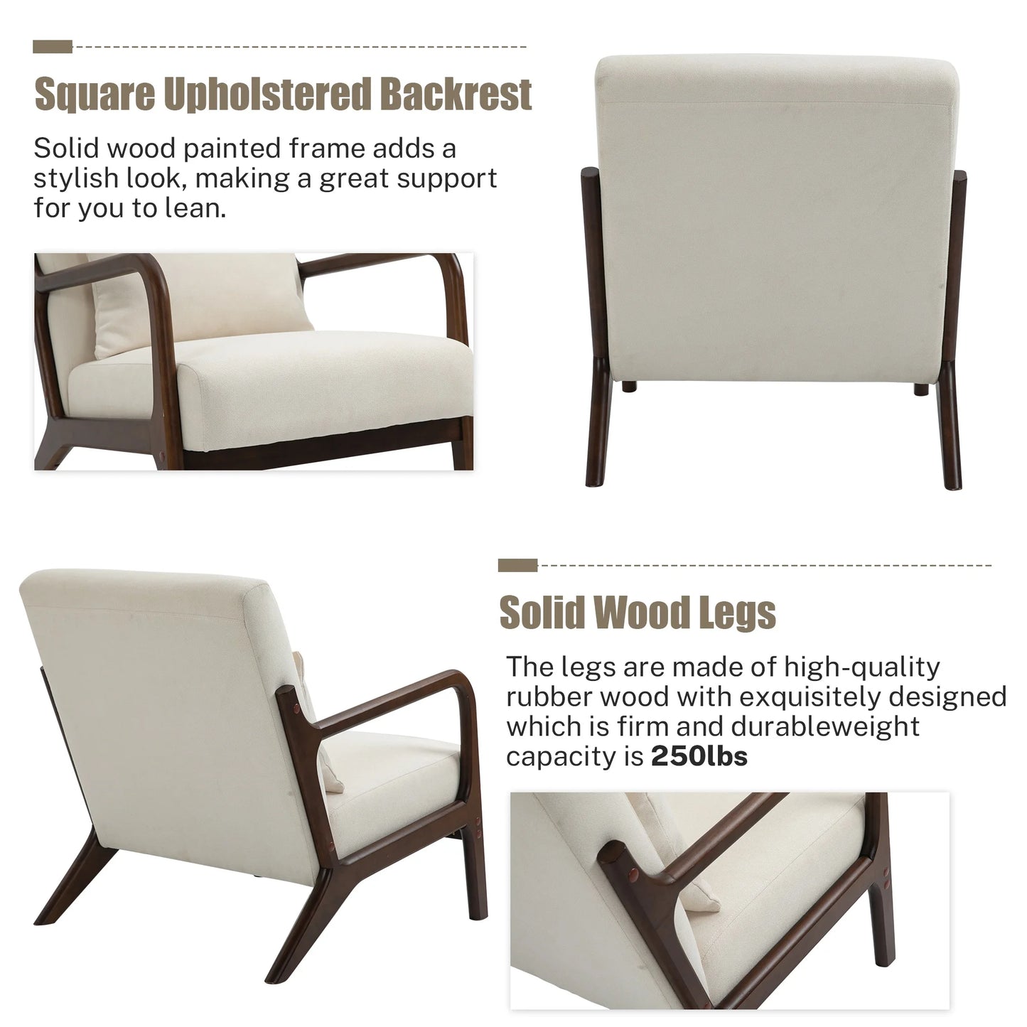 Mid-Century Modern Accent Chair – Beige Velvet Upholstered Armchair with Wooden Frame & Pillow, Comfortable Lounge Chair for Living Room, Bedroom & Sunroom