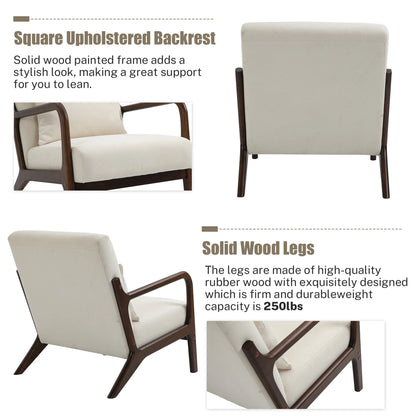 Mid-Century Modern Accent Chair – Beige Velvet Upholstered Armchair with Wooden Frame & Pillow, Comfortable Lounge Chair for Living Room, Bedroom & Sunroom