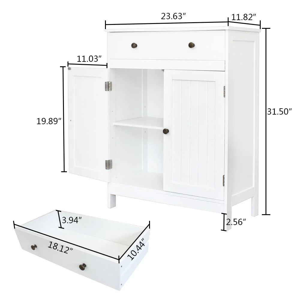 Stylish White Bathroom Floor Cabinet - Freestanding Storage Cupboard with Drawer and Double Doors