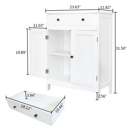 Stylish White Bathroom Floor Cabinet - Freestanding Storage Cupboard with Drawer and Double Doors
