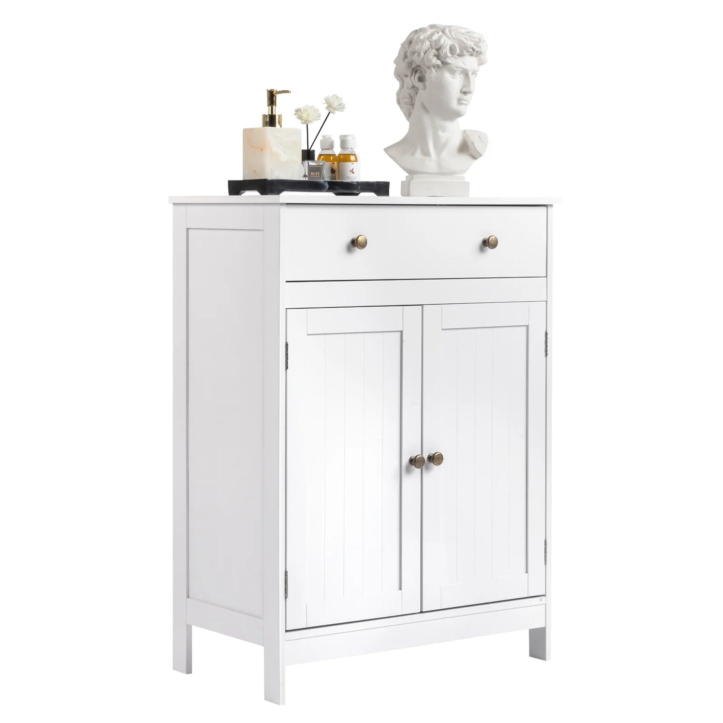 Stylish White Bathroom Floor Cabinet - Freestanding Storage Cupboard with Drawer and Double Doors