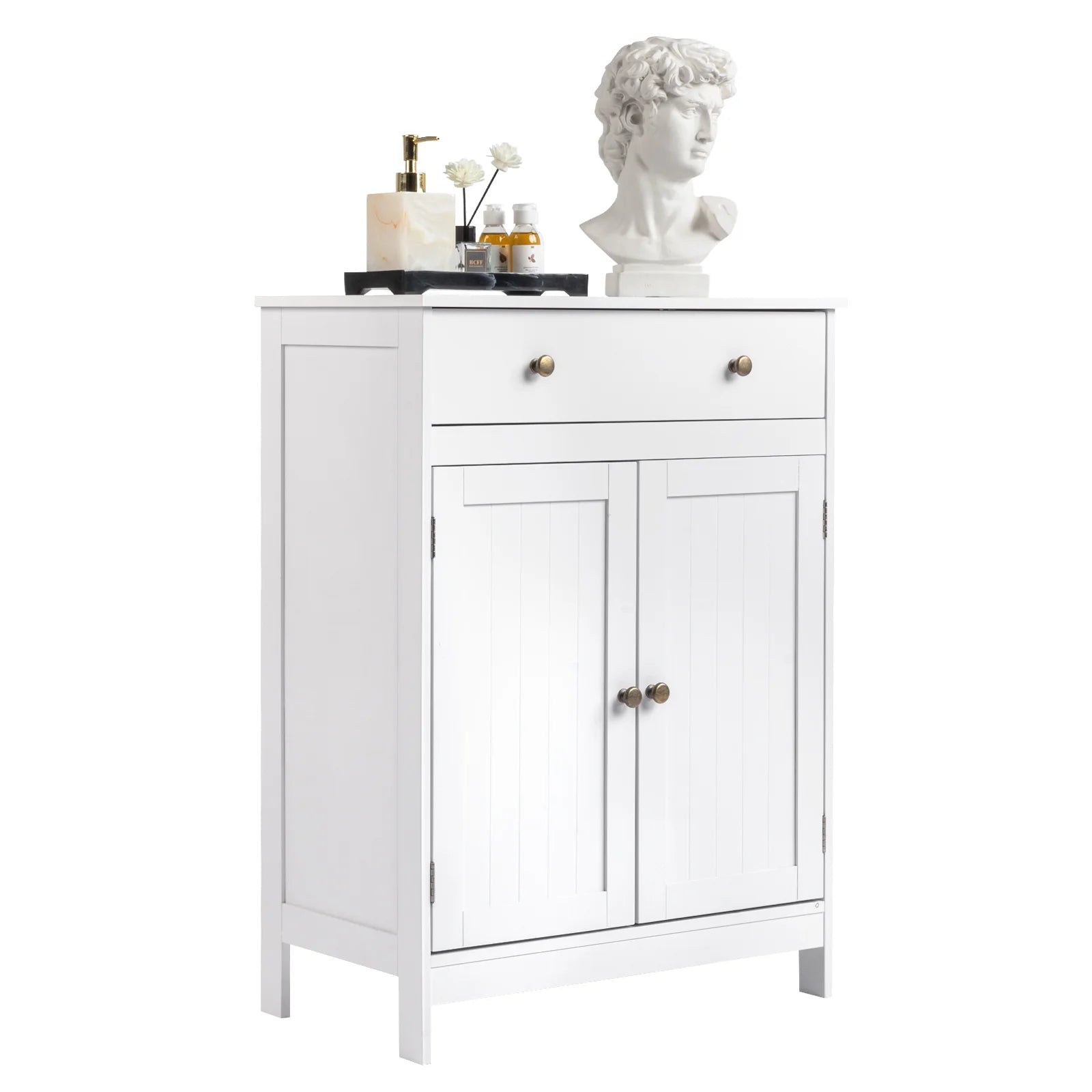 Stylish White Bathroom Floor Cabinet - Freestanding Storage Cupboard with Drawer and Double Doors