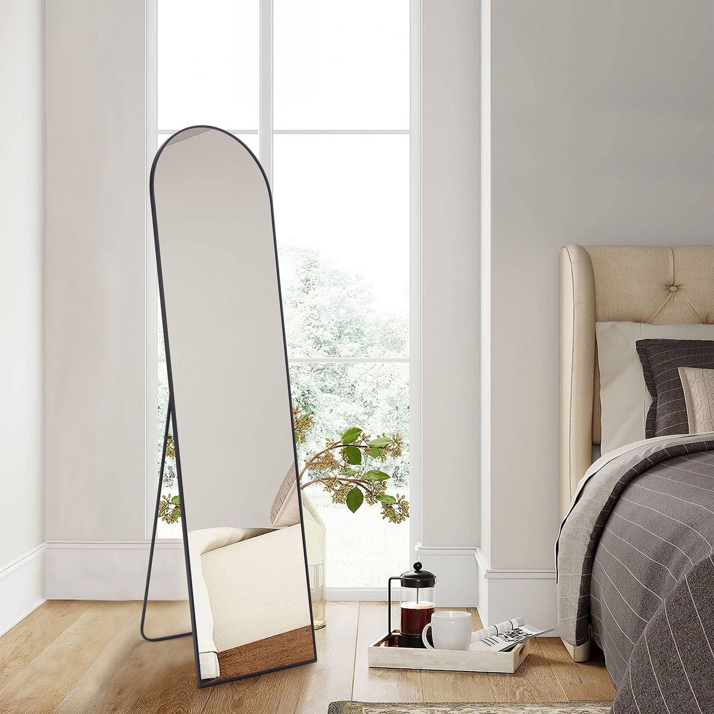 59"X16" Arched Full Length Mirror, Full Body Standing Mirror Floor Bedroom Mirror, Black
