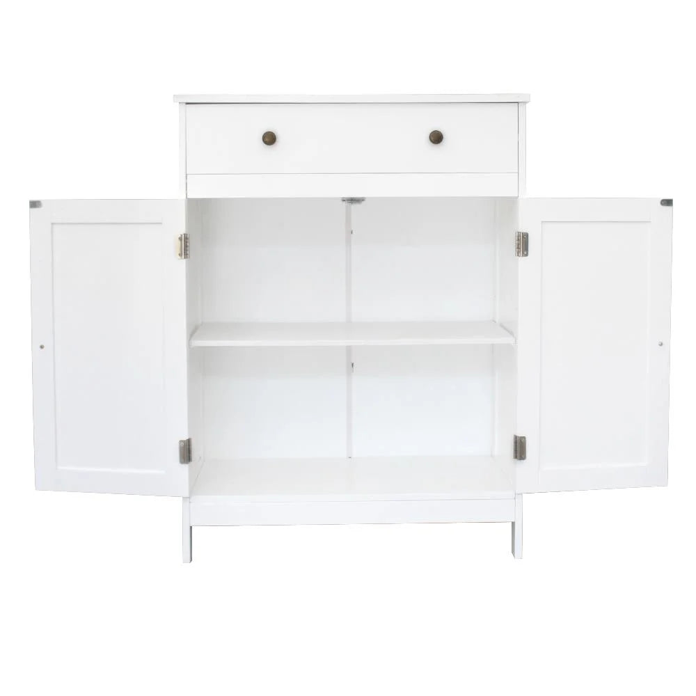 Stylish White Bathroom Floor Cabinet - Freestanding Storage Cupboard with Drawer and Double Doors