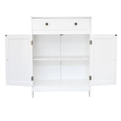 Stylish White Bathroom Floor Cabinet - Freestanding Storage Cupboard with Drawer and Double Doors