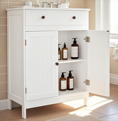 Stylish White Bathroom Floor Cabinet - Freestanding Storage Cupboard with Drawer and Double Doors