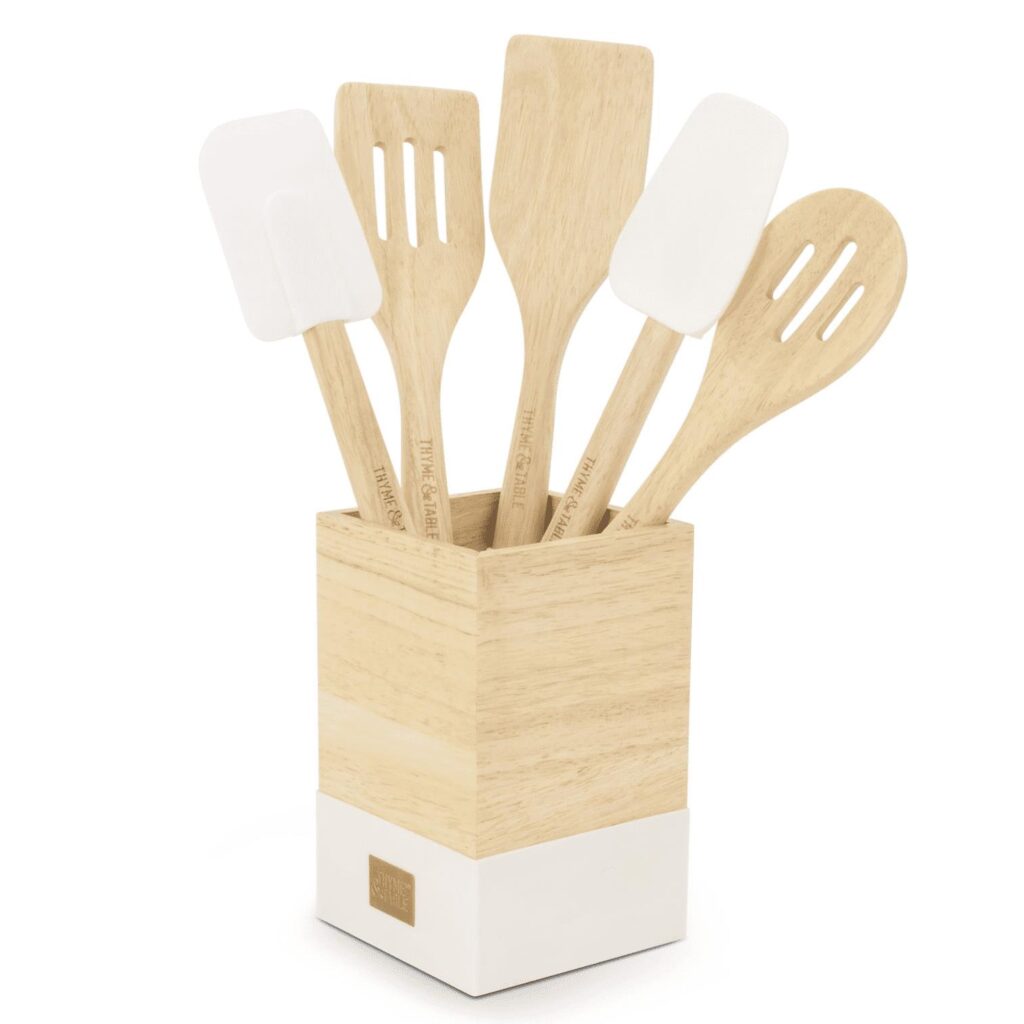 6-Piece Wood and Silicone Utensil Set, Cream